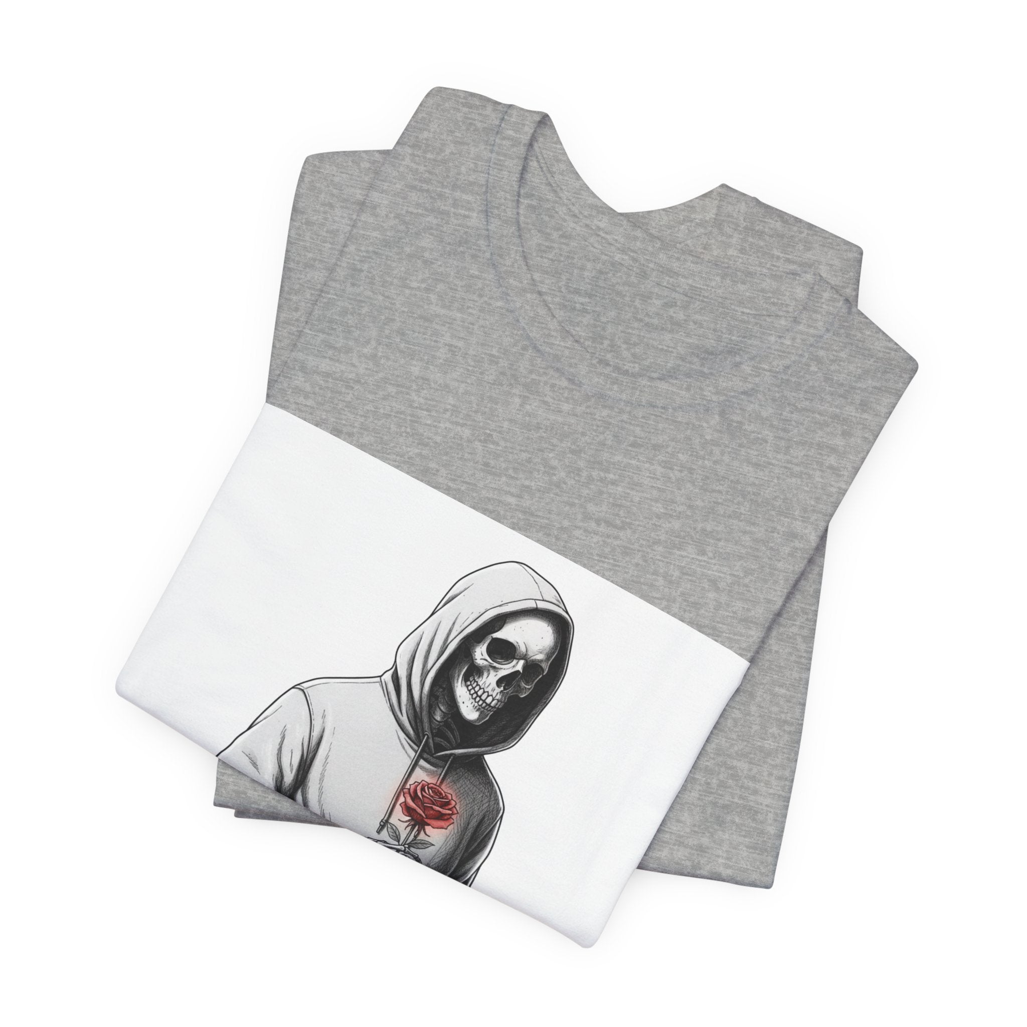 skeletal hoodie holding rose T-Shirt | edgy heart tee, anti love graphic