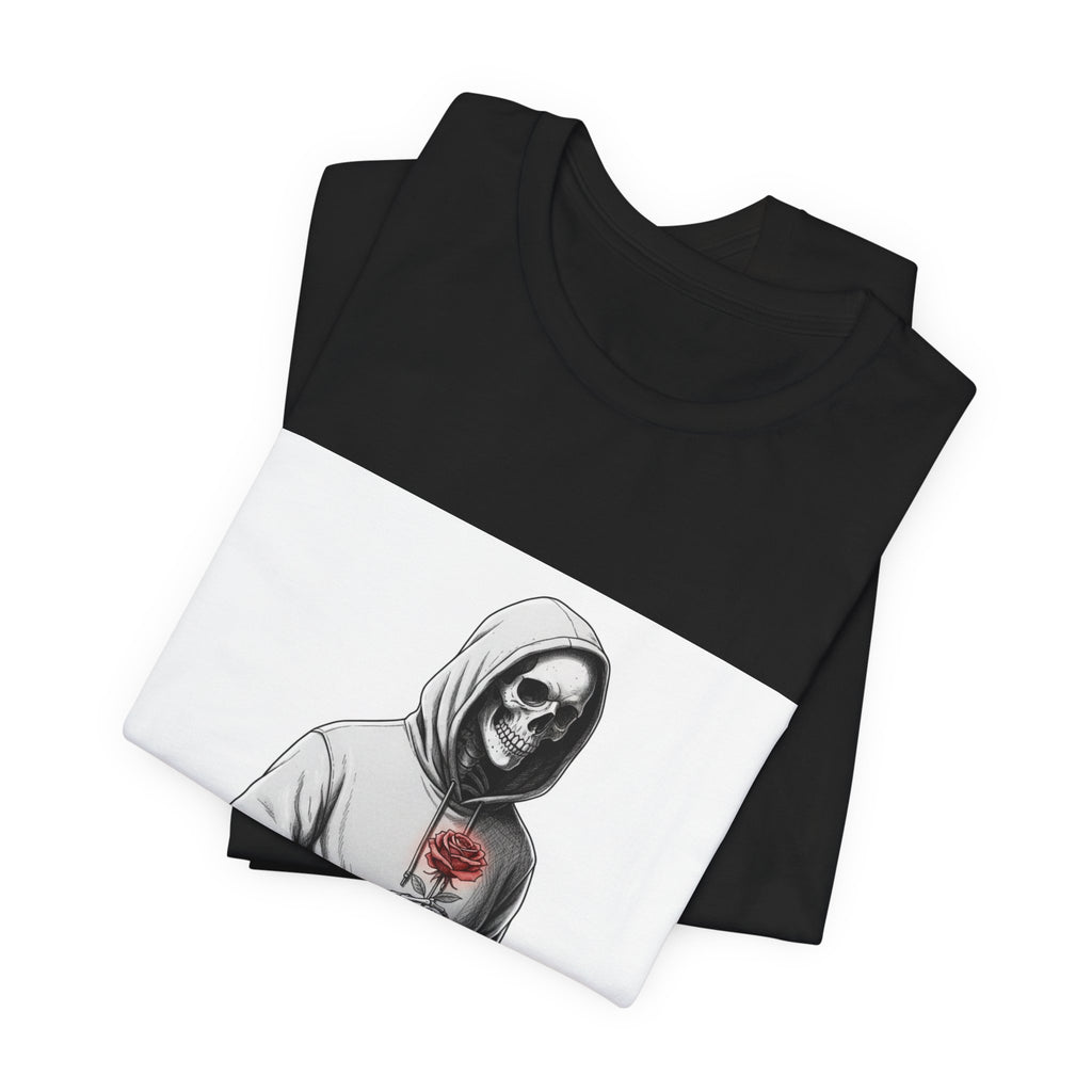 skeletal hoodie holding rose T-Shirt | edgy heart tee, anti love graphic