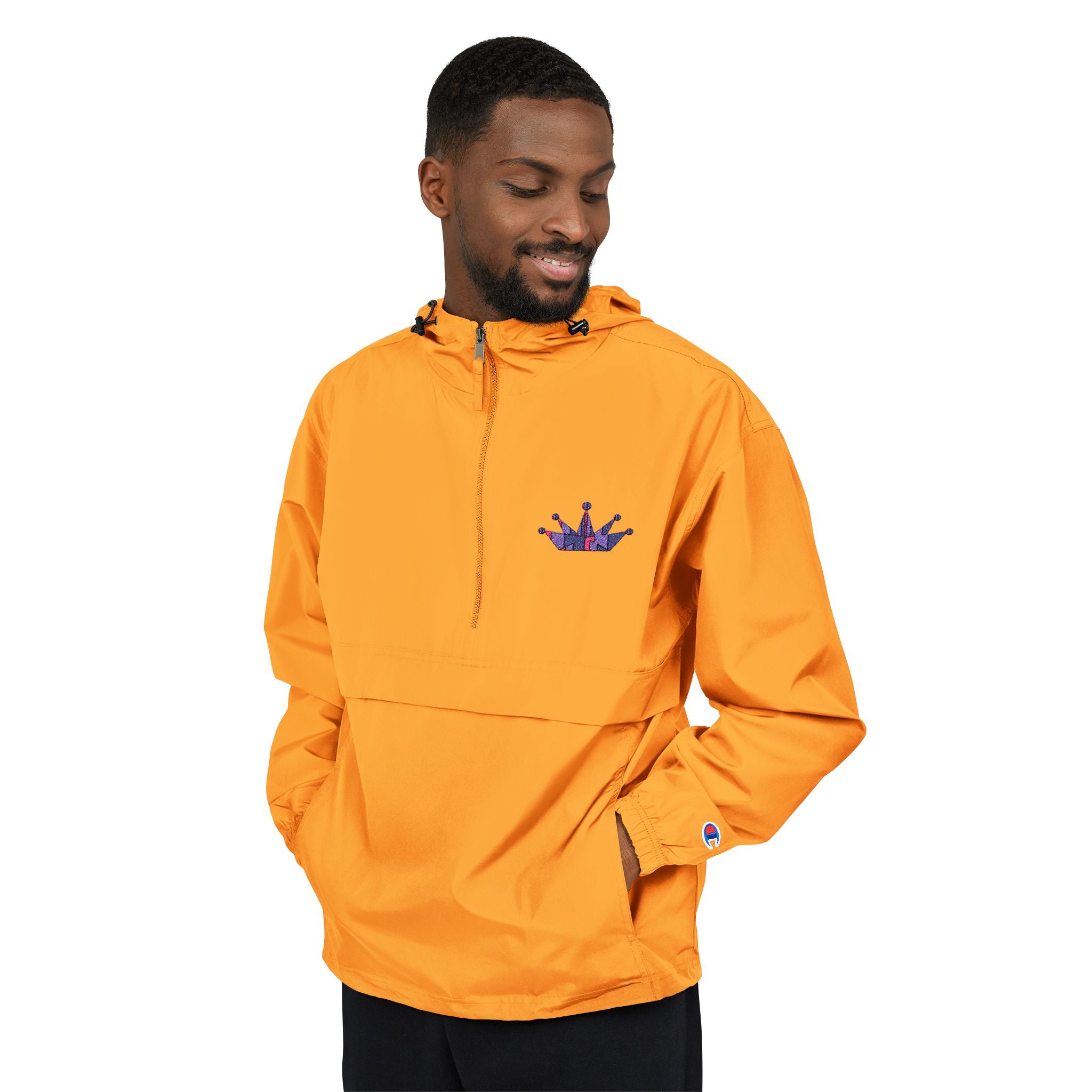Packable Anorak Jacket — Orange Windbreaker with Crown Embroidery