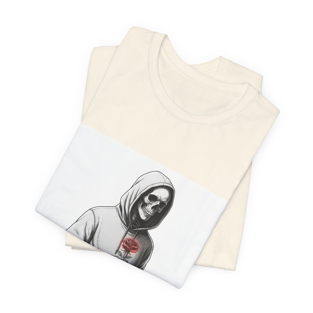 skeletal hoodie holding rose T-Shirt | edgy heart tee, anti love graphic