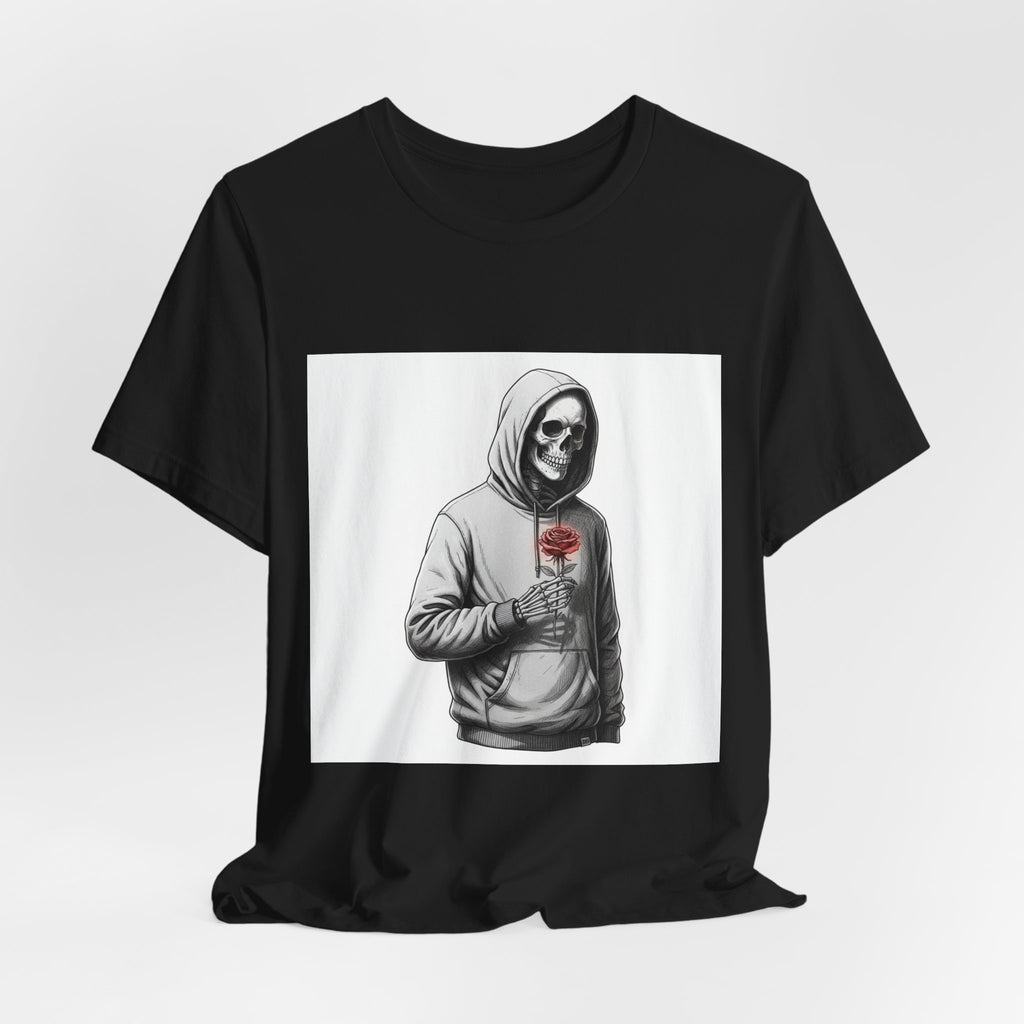 skeletal hoodie holding rose T-Shirt | edgy heart tee, anti love graphic