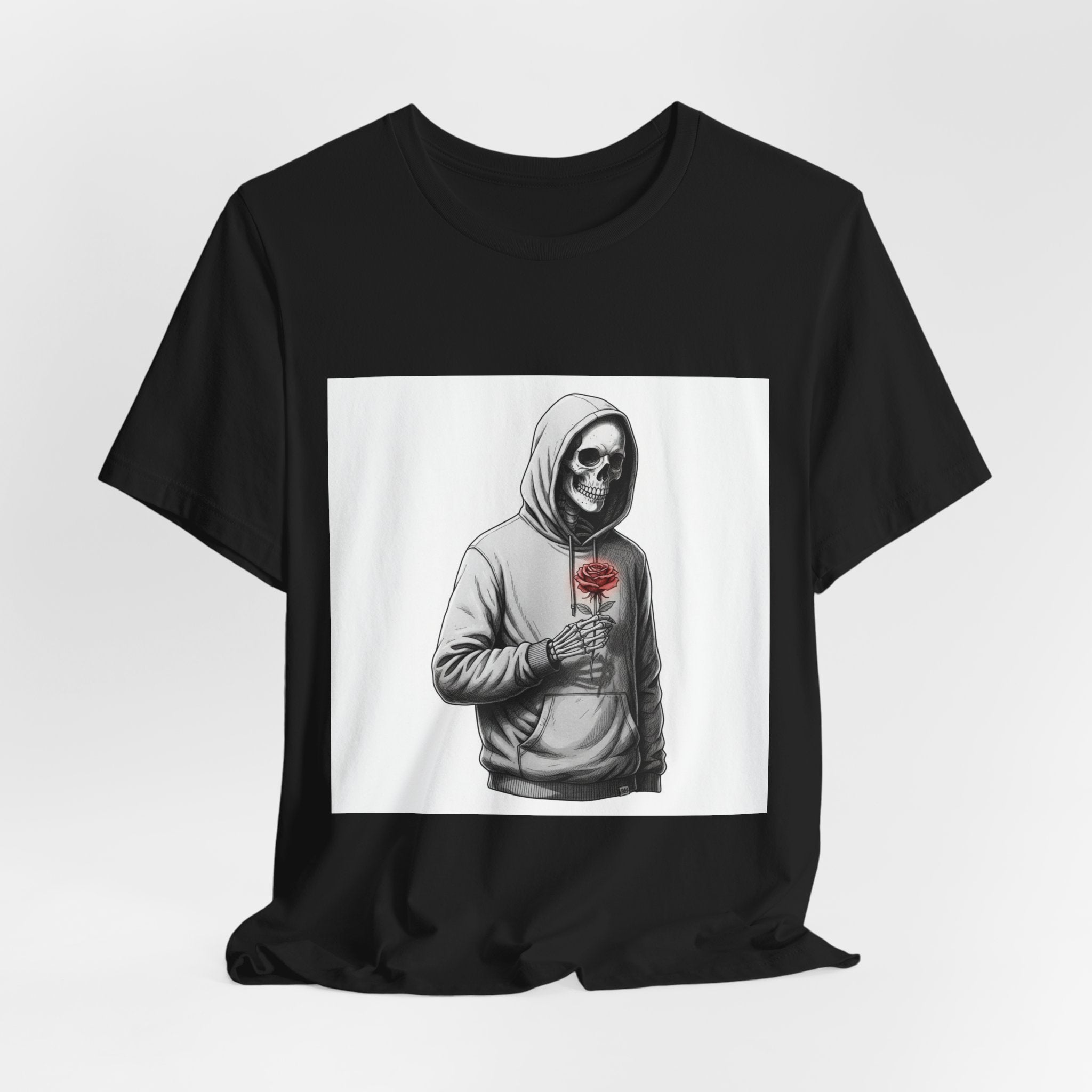 skeletal hoodie holding rose T-Shirt | edgy heart tee, anti love graphic