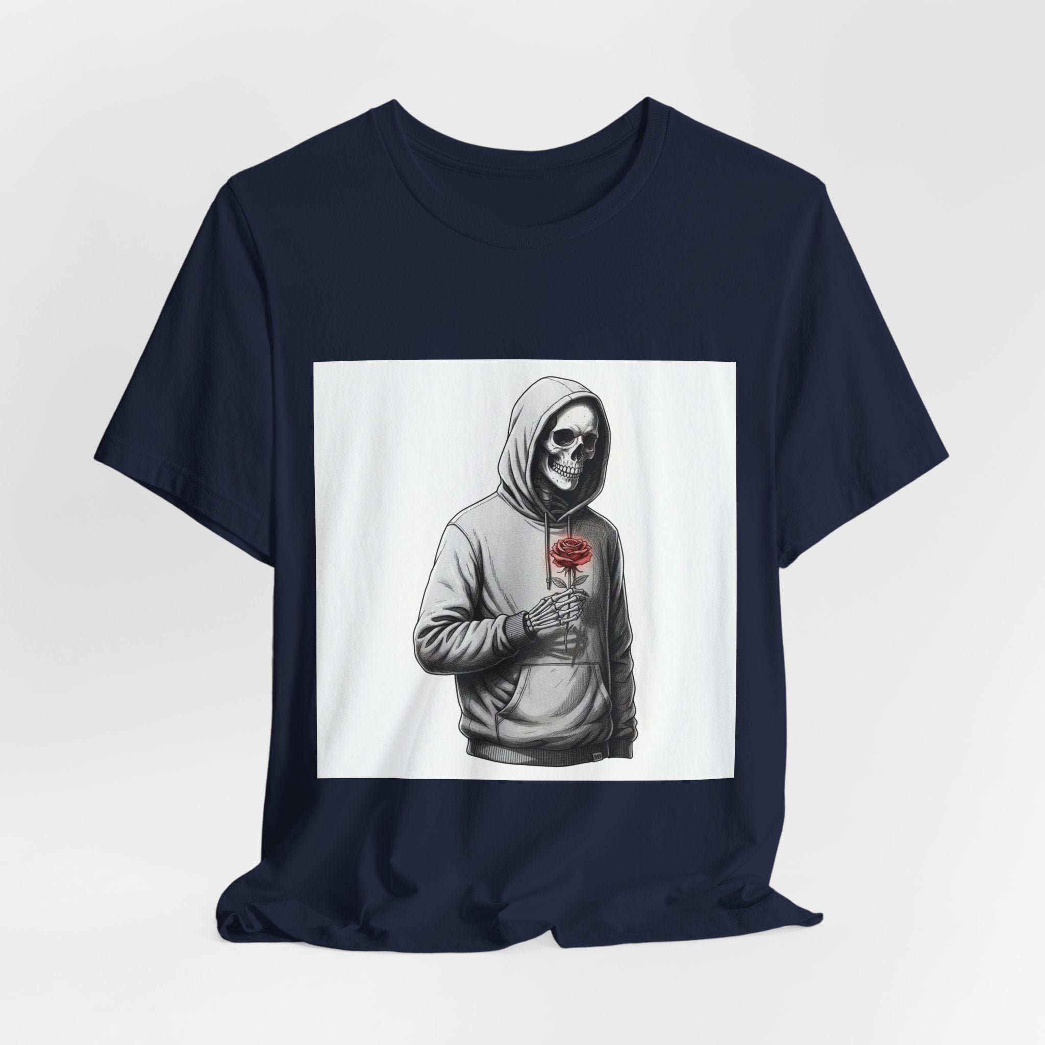 skeletal hoodie holding rose T-Shirt | edgy heart tee, anti love graphic