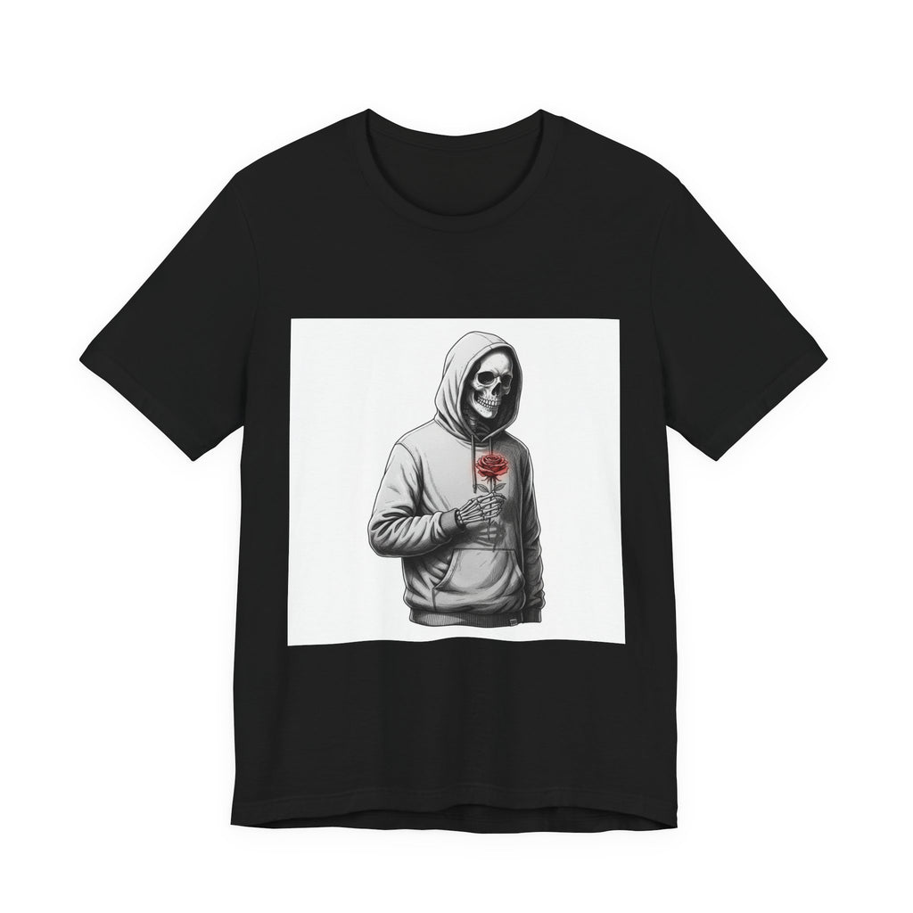 skeletal hoodie holding rose T-Shirt | edgy heart tee, anti love graphic