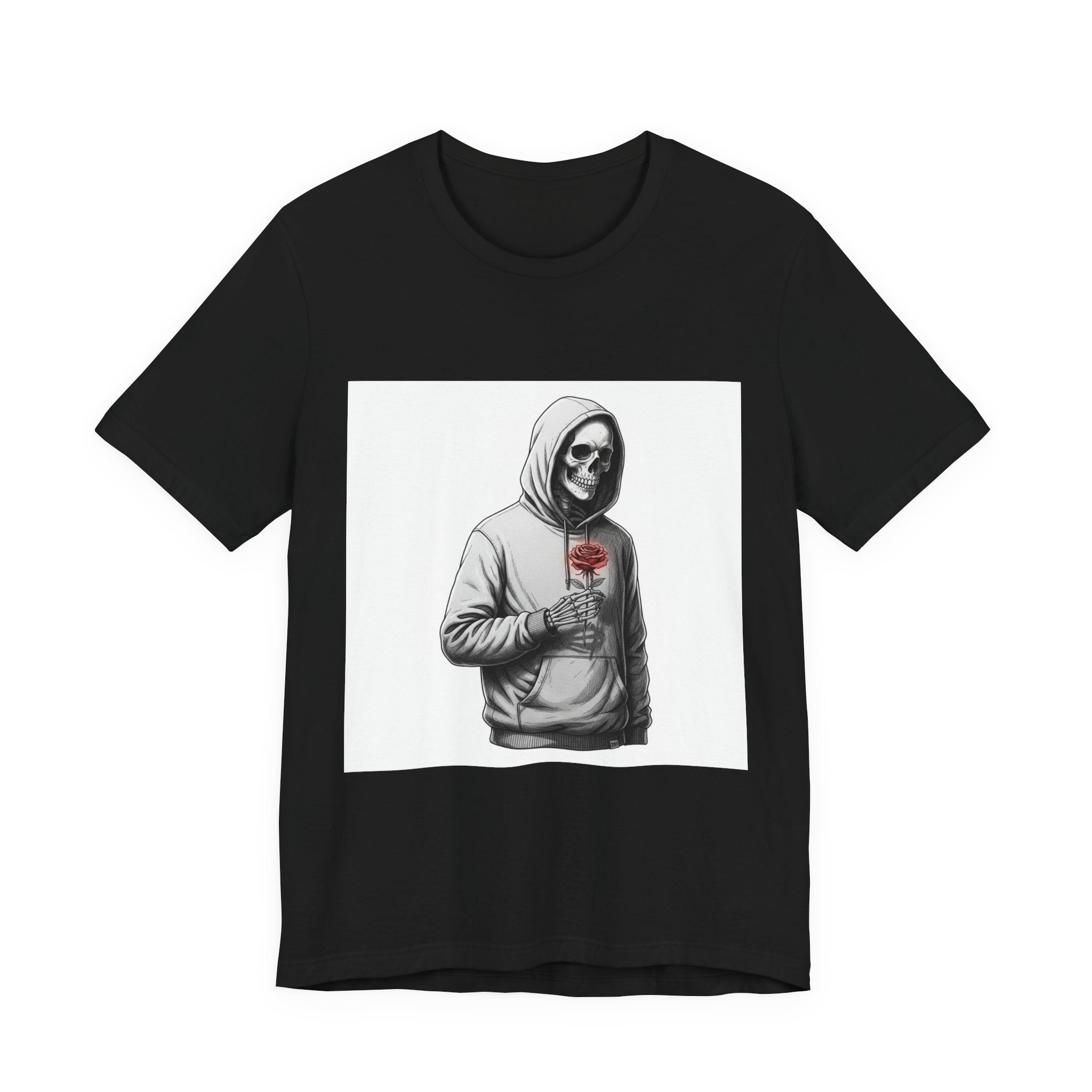 skeletal hoodie holding rose T-Shirt | edgy heart tee, anti love graphic