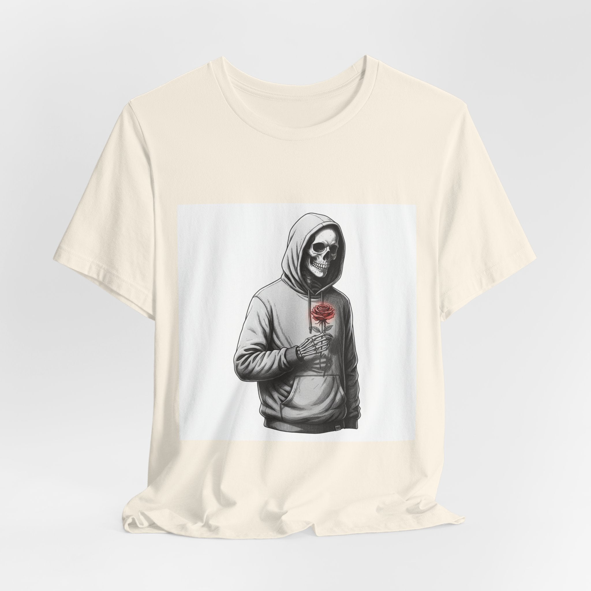 skeletal hoodie holding rose T-Shirt | edgy heart tee, anti love graphic