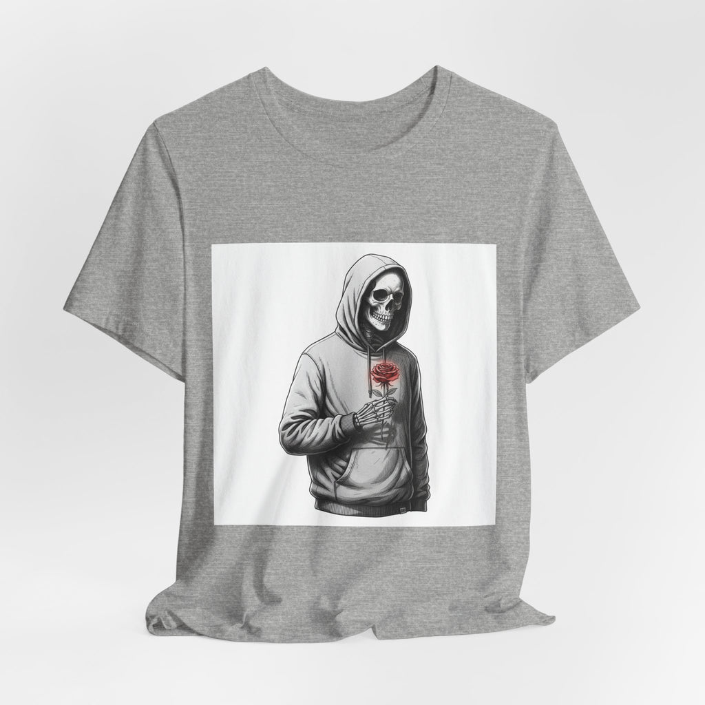 skeletal hoodie holding rose T-Shirt | edgy heart tee, anti love graphic