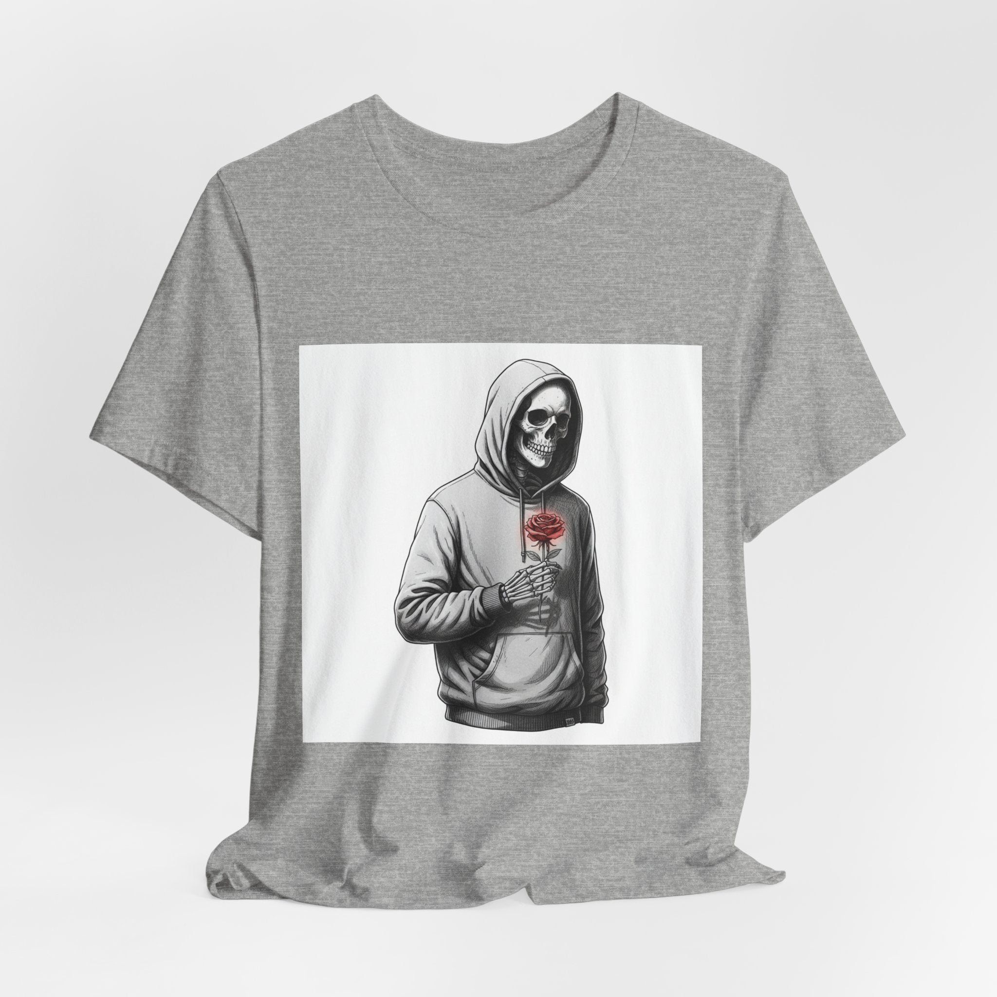 skeletal hoodie holding rose T-Shirt | edgy heart tee, anti love graphic