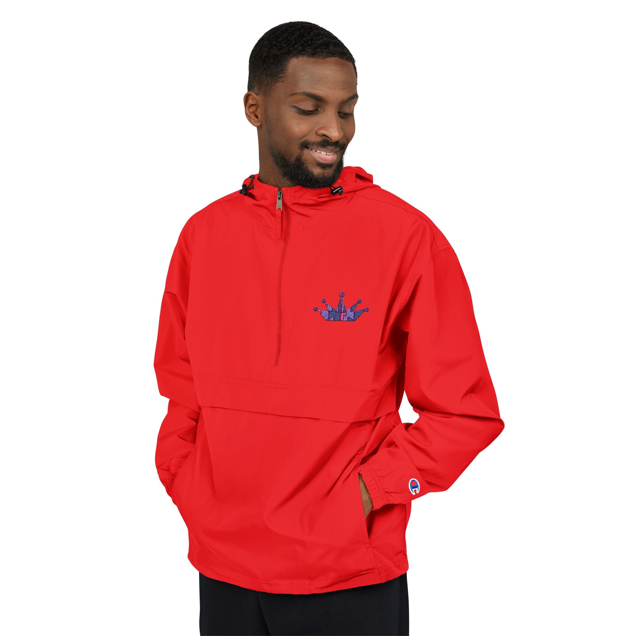 Packable Anorak Jacket — Orange Windbreaker with Crown Embroidery